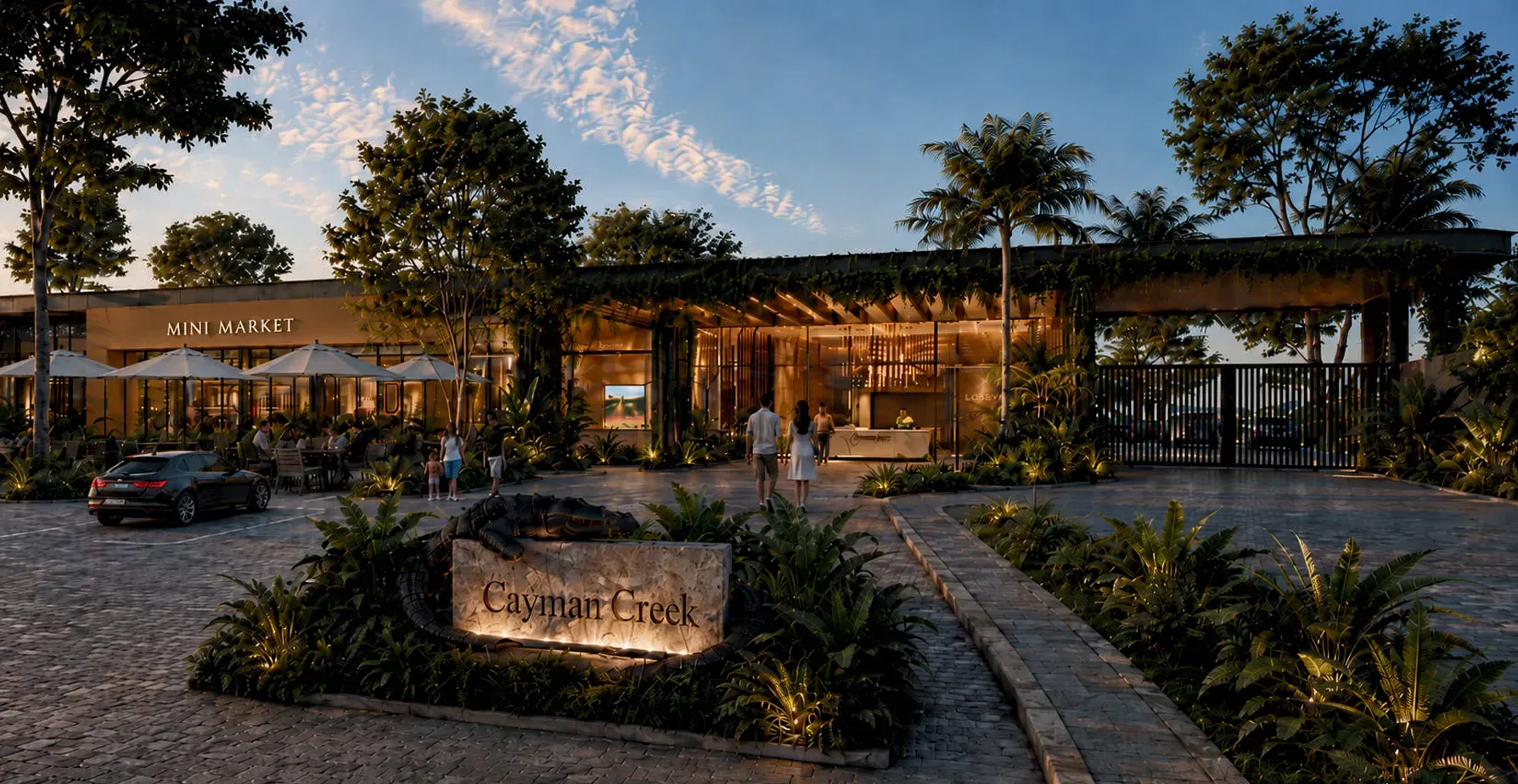 Render del lobby, la portería y el mini market de Cayman Creek